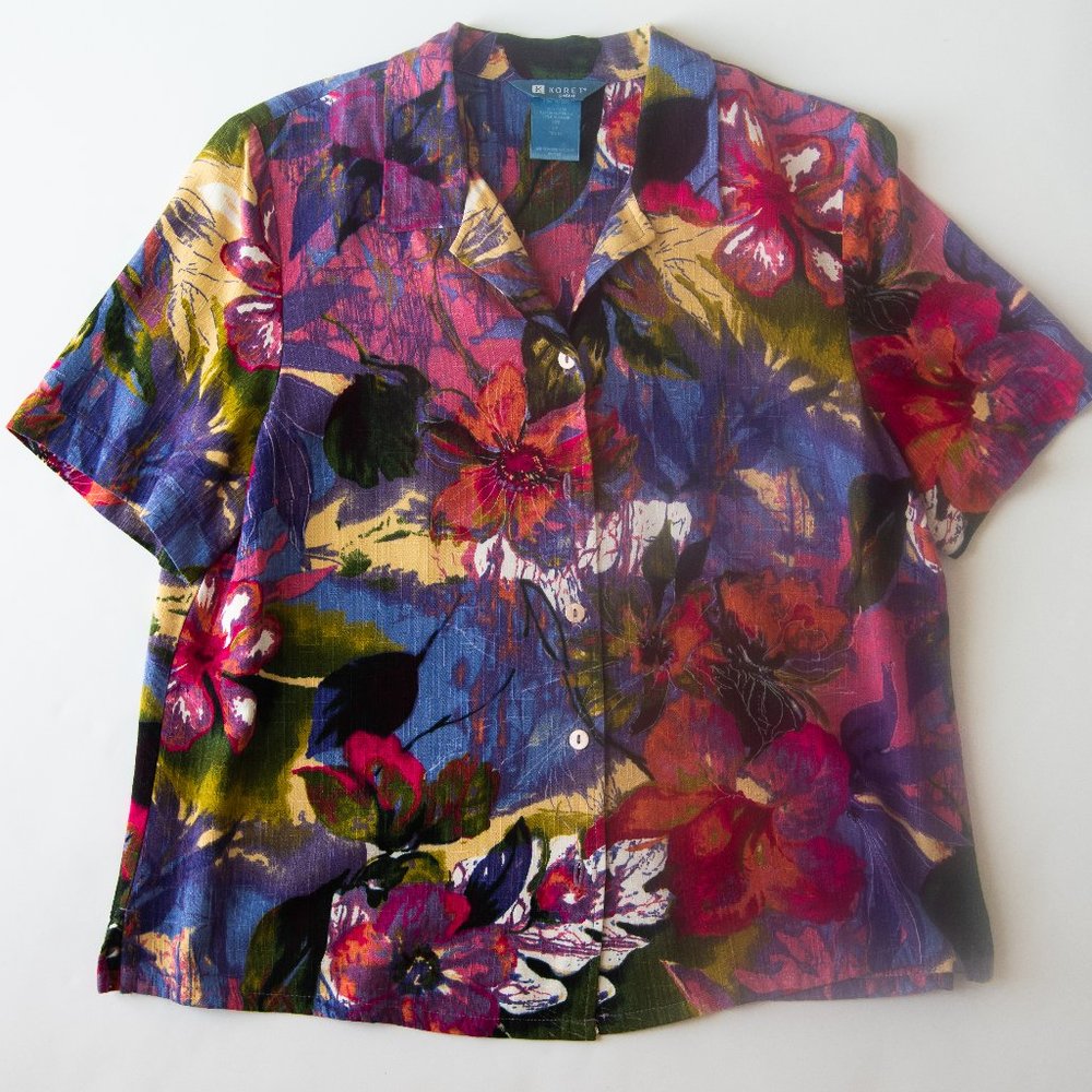 Vintage Women's Koret button down tropical flower print top Size Medium petite
